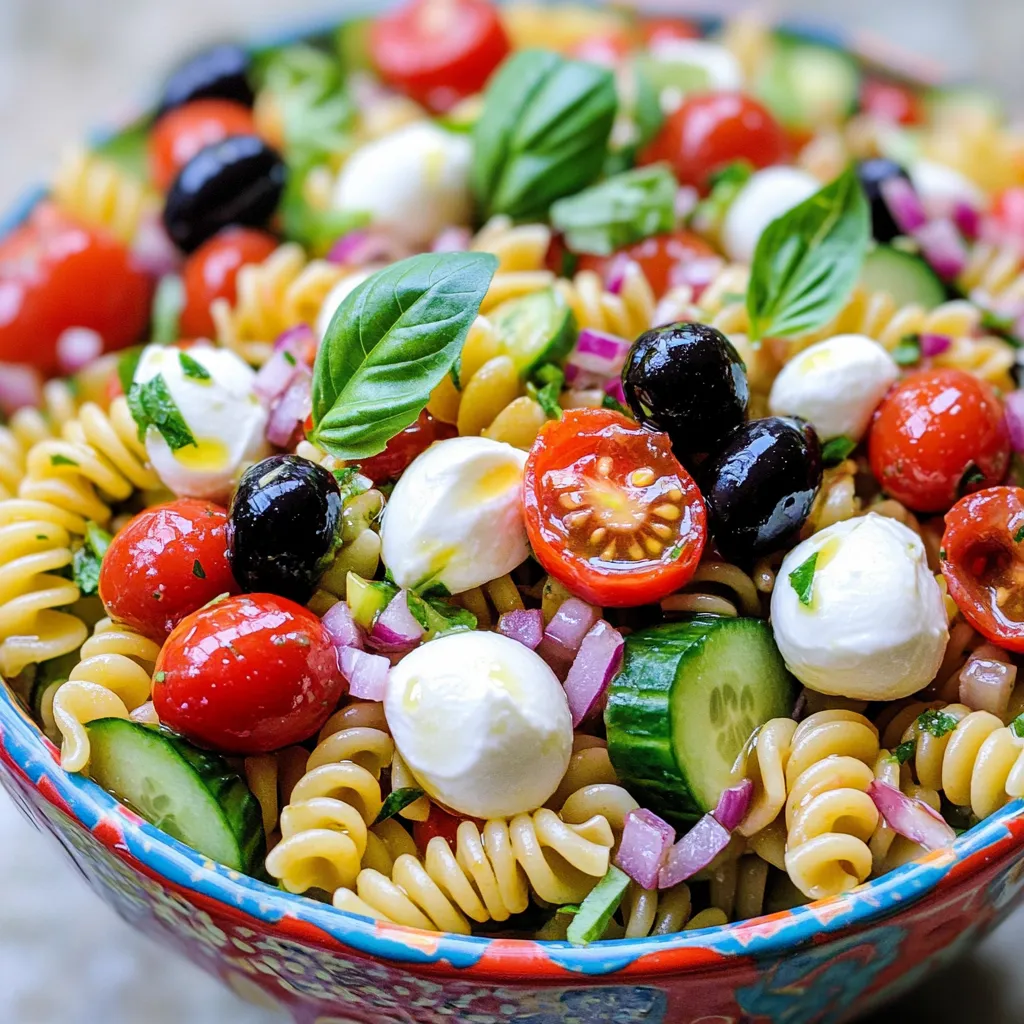 For a great Italian pasta salad, you need some key ingredients. Start with 12 ounces of fusilli pasta. This shape holds dressing well. Next, add fresh veggies. Cherry tomatoes and cucumbers are both tasty and colorful. You should also include black olives and pepperoncini for a nice kick. Don’t forget mozzarella! Use halved or diced mozzarella balls for creaminess. A splash of Italian dressing brings everything together. You can use store-bought or make your own. For flavor, add some dried oregano, salt, and pepper.