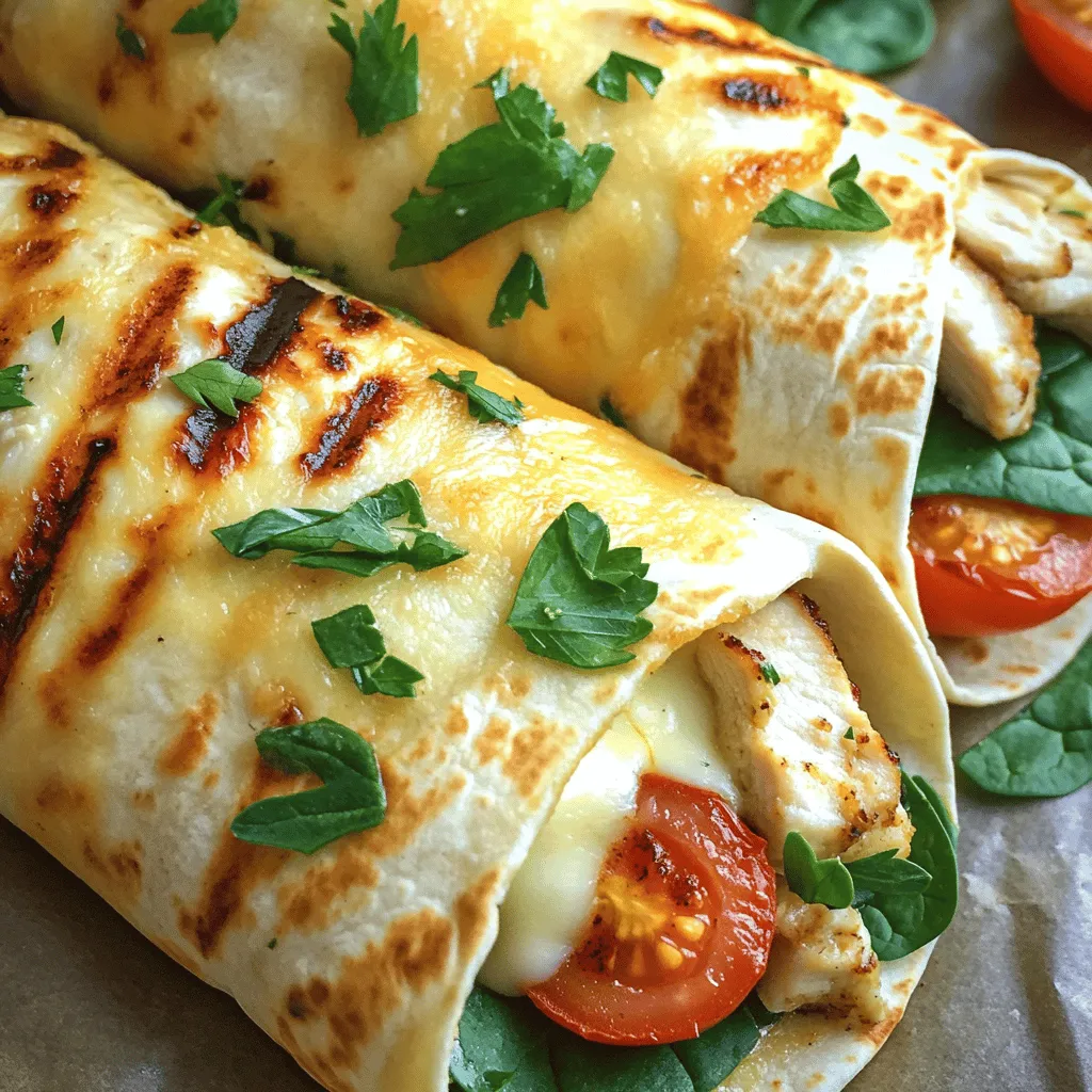 - 2 large chicken breasts, grilled and sliced - 4 large flour tortillas - 1 cup shredded mozzarella cheese - ½ cup cream cheese, softened - 4 cloves garlic, minced - 1 tablespoon olive oil - ½ teaspoon paprika - ½ teaspoon Italian seasoning - Salt and pepper to taste - 1 cup fresh spinach leaves - ½ cup cherry tomatoes, halved - Optional: fresh parsley for garnish