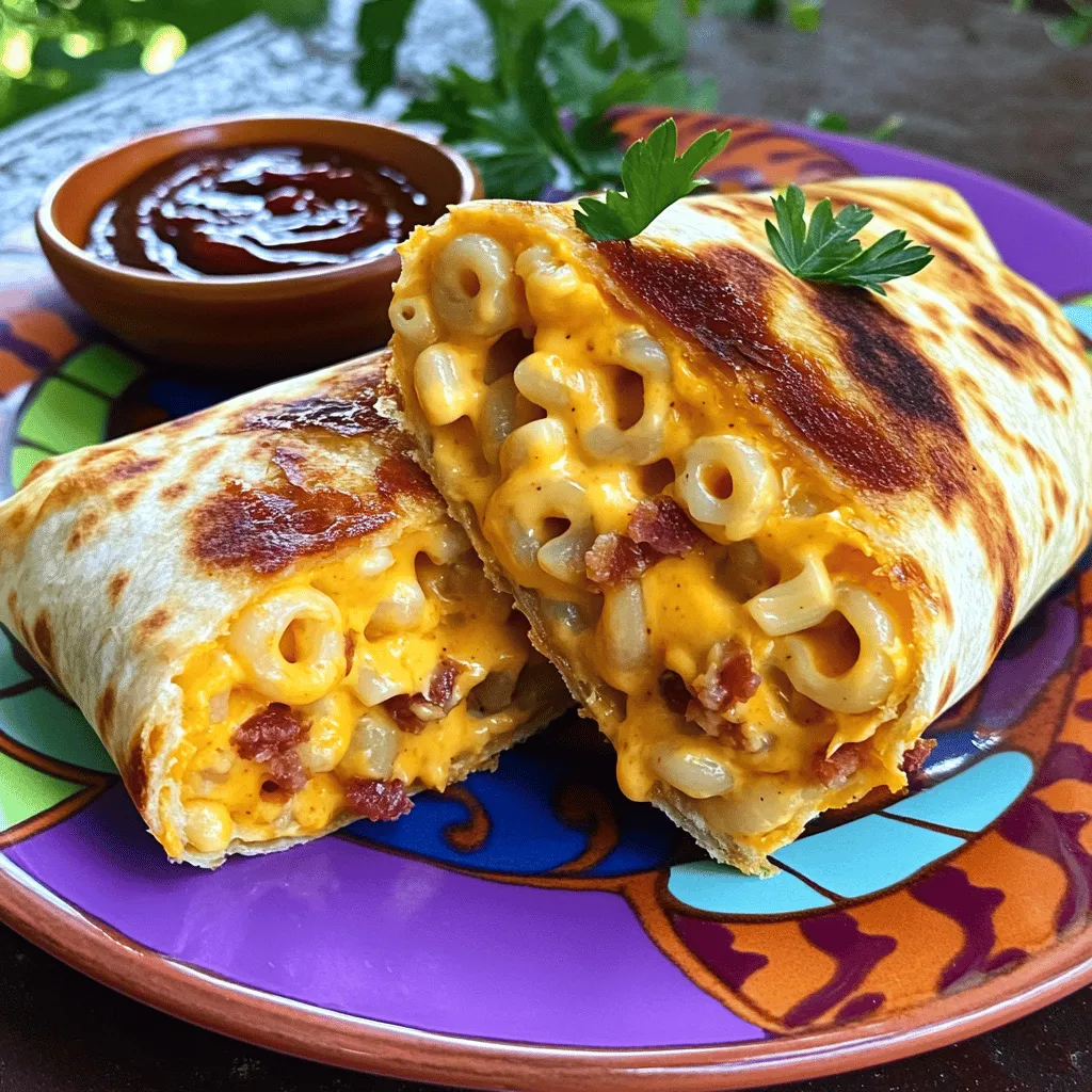 To make a bacon mac’n’cheese burger wrap, you need a few key ingredients. First, ground beef is essential. You will need one pound of it. Next, bacon adds that savory touch. Use four slices, cooked and crumbled.