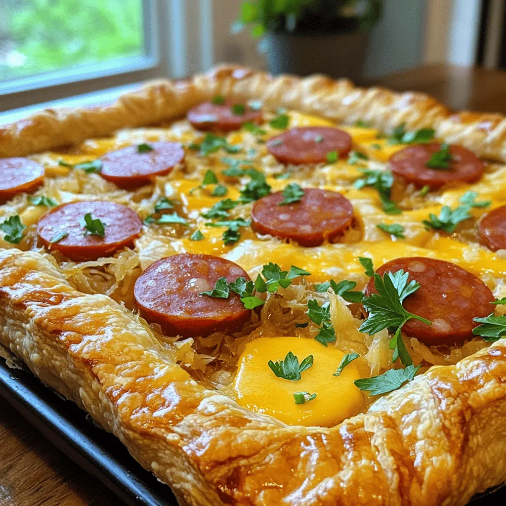 - 1 lb Kielbasa sausage, sliced - 2 cups sauerkraut, rinsed and drained - 1 medium onion, finely chopped - 2 cloves garlic, minced - 1 cup shredded sharp cheddar cheese - 1 teaspoon caraway seeds (optional) - 1 teaspoon paprika - 1 tablespoon Dijon mustard - 1 tablespoon olive oil - 1 sheet of refrigerated pie crust (or homemade if preferred) - 1 egg, beaten (for egg wash) - Salt and pepper to taste