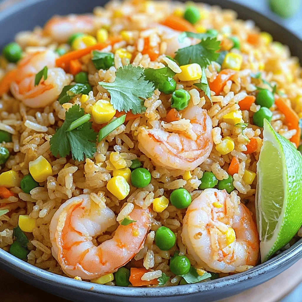 - 1 cup jasmine rice (uncooked) - 10 oz shrimp, peeled and deveined - 2 tablespoons vegetable oil - 2 eggs, lightly beaten - 1 cup mixed vegetables (peas, carrots, corn) - 3 green onions, chopped - 2 cloves garlic, minced - 2 tablespoons soy sauce - 1 tablespoon oyster sauce (optional) - Salt and pepper to taste - Fresh cilantro, for garnish