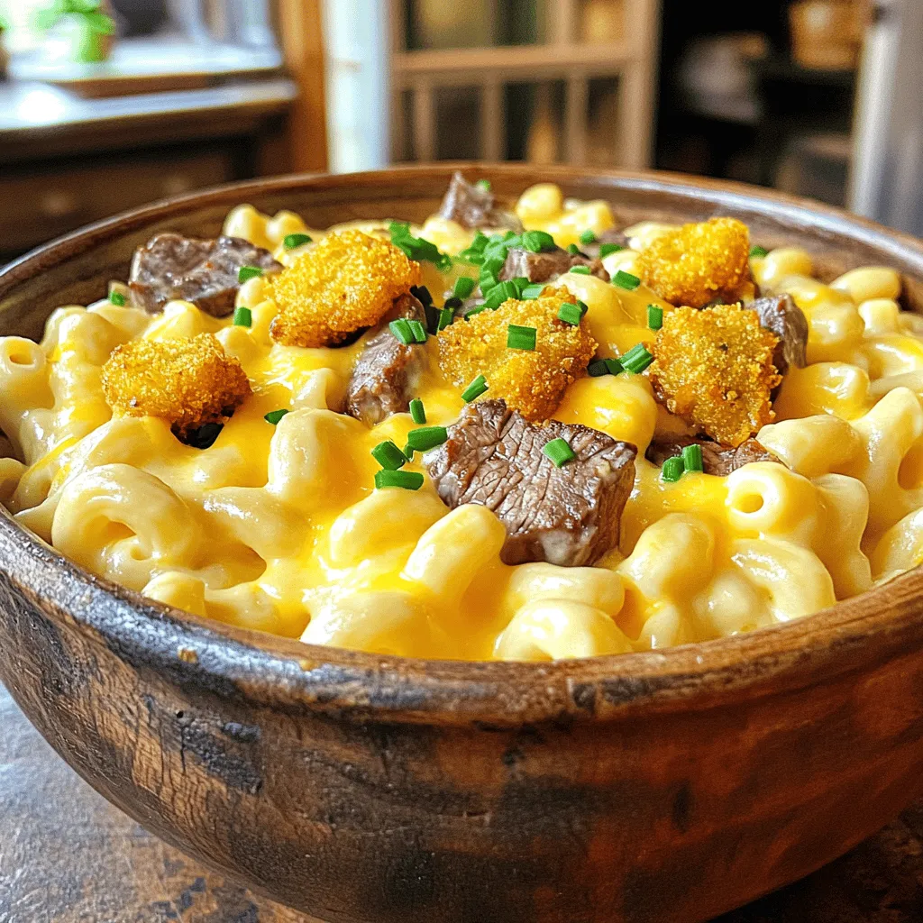 To make beer mac and cheese with steak bites, start with simple ingredients. You will need 8 oz of elbow macaroni, 2 cups of sharp cheddar cheese, and 1 cup of Gruyère cheese. Gather 1 cup of whole milk and ½ cup of beer, too. You will also need 4 tablespoons of butter, ¼ cup of flour, garlic powder, onion powder, salt, and pepper. For the steak, use 1 lb of sirloin cut into small pieces. Add olive oil, smoked paprika, and cayenne pepper for flavor.