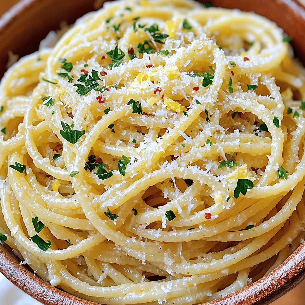 To make the best garlic butter pasta, you need a few key ingredients. You will need 8 oz of spaghetti or fettuccine. Six tablespoons of unsalted butter bring rich flavor. You also need four cloves of minced garlic. If you enjoy a bit of heat, add ½ teaspoon of red pepper flakes. Grated Parmesan cheese adds creaminess, while fresh parsley gives a pop of color. Don’t forget salt, pepper, and the juice of one lemon. Optionally, you can use lemon zest for added zing.