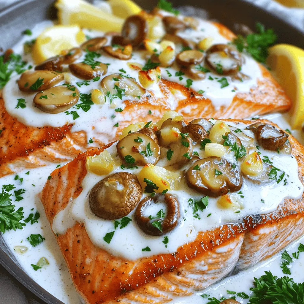 You need some key ingredients for a tasty creamy garlic mushroom salmon recipe. First, get four salmon fillets with the skin on. The skin adds flavor and helps keep the salmon moist. Next, use one cup of sliced mushrooms. I like cremini or button mushrooms for their rich taste.
