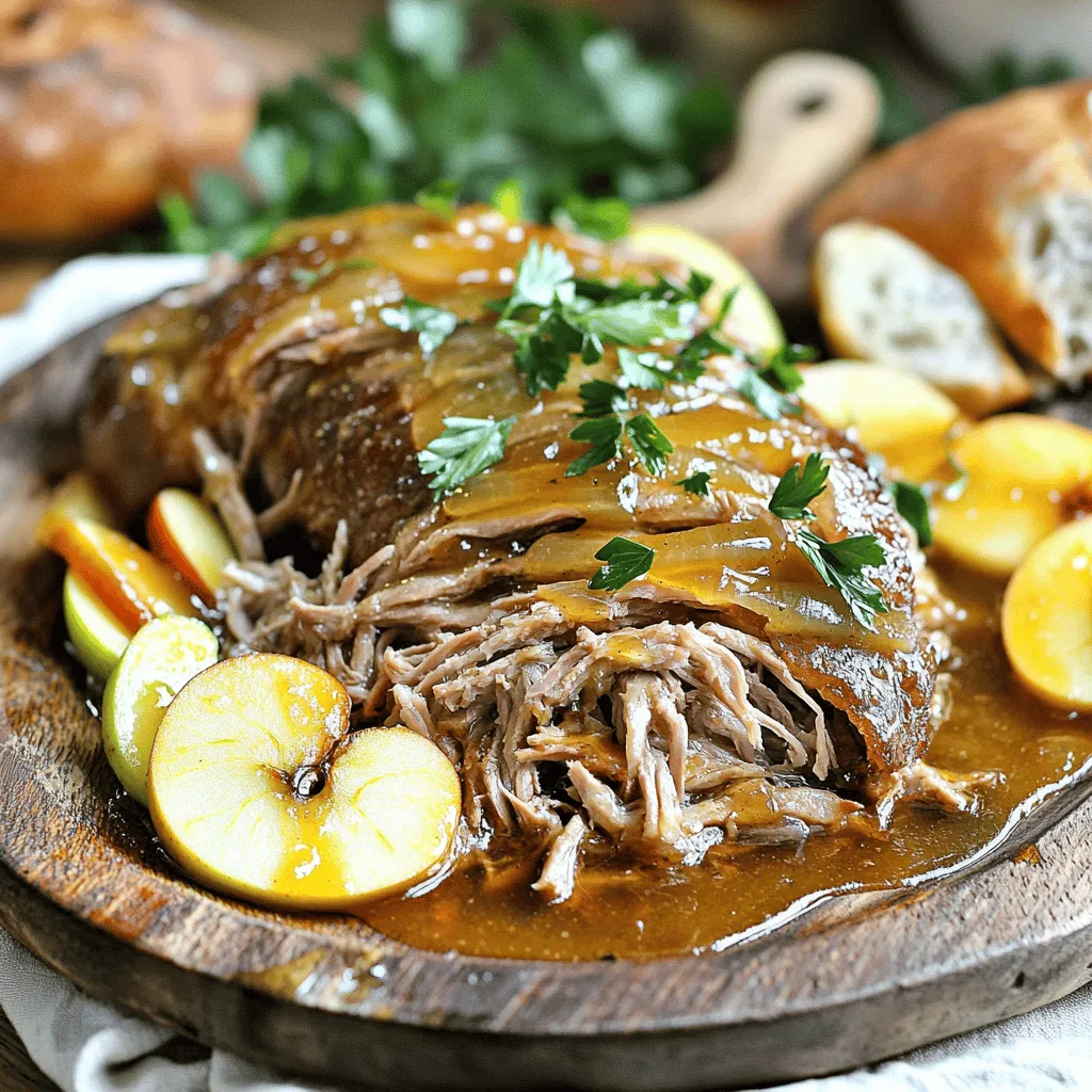 - 4-5 pounds pork shoulder - 2 cups apple cider - 1 large onion, sliced - 4 cloves garlic, minced