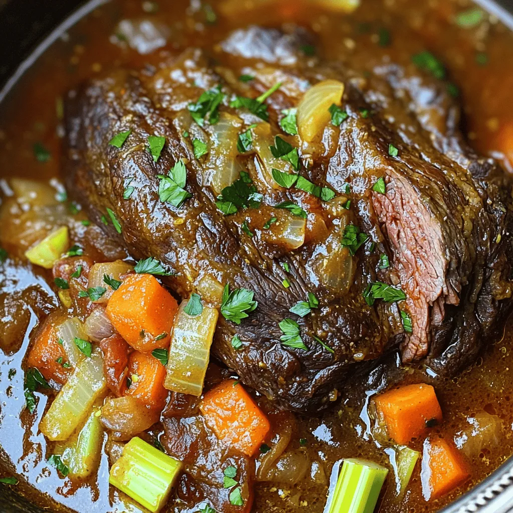 To make a great Italian pot roast, start with beef chuck roast. This cut has the right fat and flavor. You will also need olive oil to sear the meat. Onion, garlic, carrots, and celery add depth to the dish. A can of diced tomatoes gives a nice touch of acidity and sweetness. Finally, beef broth keeps the roast juicy and tender.