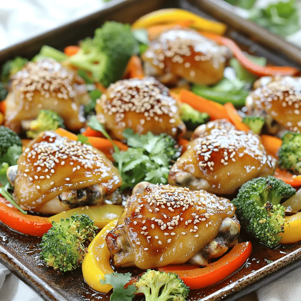 - 4 chicken thighs, bone-in and skin-on - ¼ cup honey - ¼ cup soy sauce (low sodium) - 2 tablespoons sesame oil - 3 cloves garlic, minced - 1 tablespoon fresh ginger, grated - 1 teaspoon black pepper - 1 teaspoon red pepper flakes (optional for heat) - 2 cups broccoli florets - 1 cup bell peppers, sliced (mixed colors) - 1 cup carrots, sliced into thin rounds - 1 tablespoon sesame seeds for garnish - Fresh cilantro or green onions for garnish