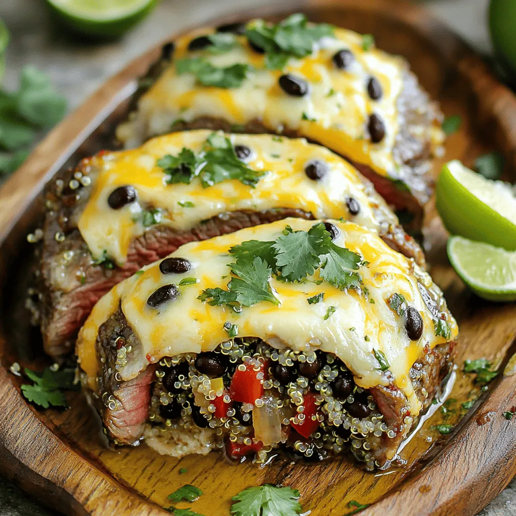 To make a stuffed flank steak, you need simple, tasty ingredients. The main star is 1.5 pounds of flank steak. This cut is lean and perfect for stuffing. Next, you will need one cup of cooked quinoa. Quinoa adds a nice texture and helps fill the steak.