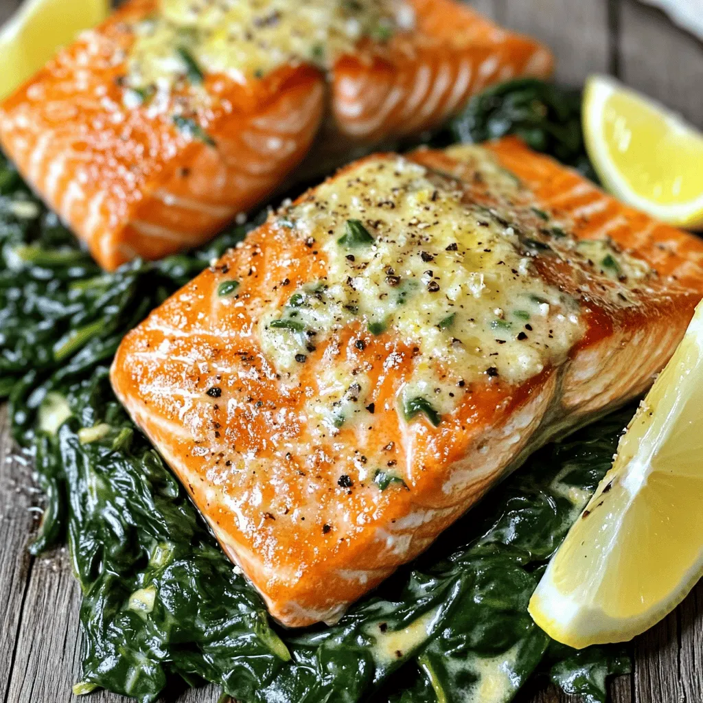 For a tasty salmon florentine recipe, you need fresh and simple ingredients. Start with two salmon fillets, about 6 oz each, with the skin on. This skin helps keep the fish moist while cooking. You’ll also need one tablespoon of olive oil, salt, and pepper for seasoning.