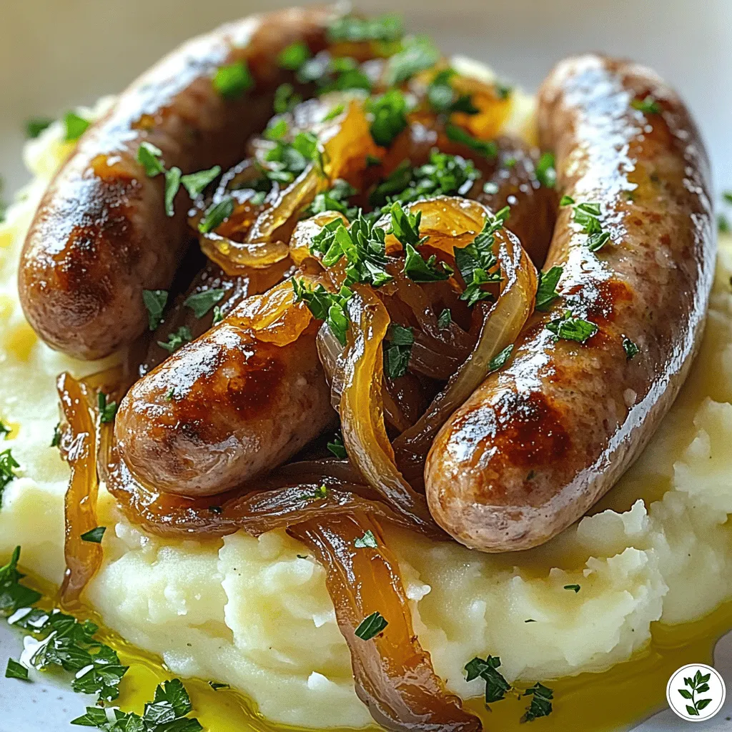 To make savory bangers and mash, gather these simple ingredients: - 6 traditional pork sausages (or your choice of vegetarian sausages) - 4 medium Yukon Gold potatoes, peeled and cubed - 1 cup whole milk - 4 tablespoons unsalted butter - 1 tablespoon olive oil - 1 large onion, thinly sliced - 2 cloves garlic, minced - 1 tablespoon fresh thyme leaves (or 1 teaspoon dried thyme) - 1 tablespoon mustard (Dijon or whole grain) - Salt and pepper to taste - Chopped fresh parsley for garnish