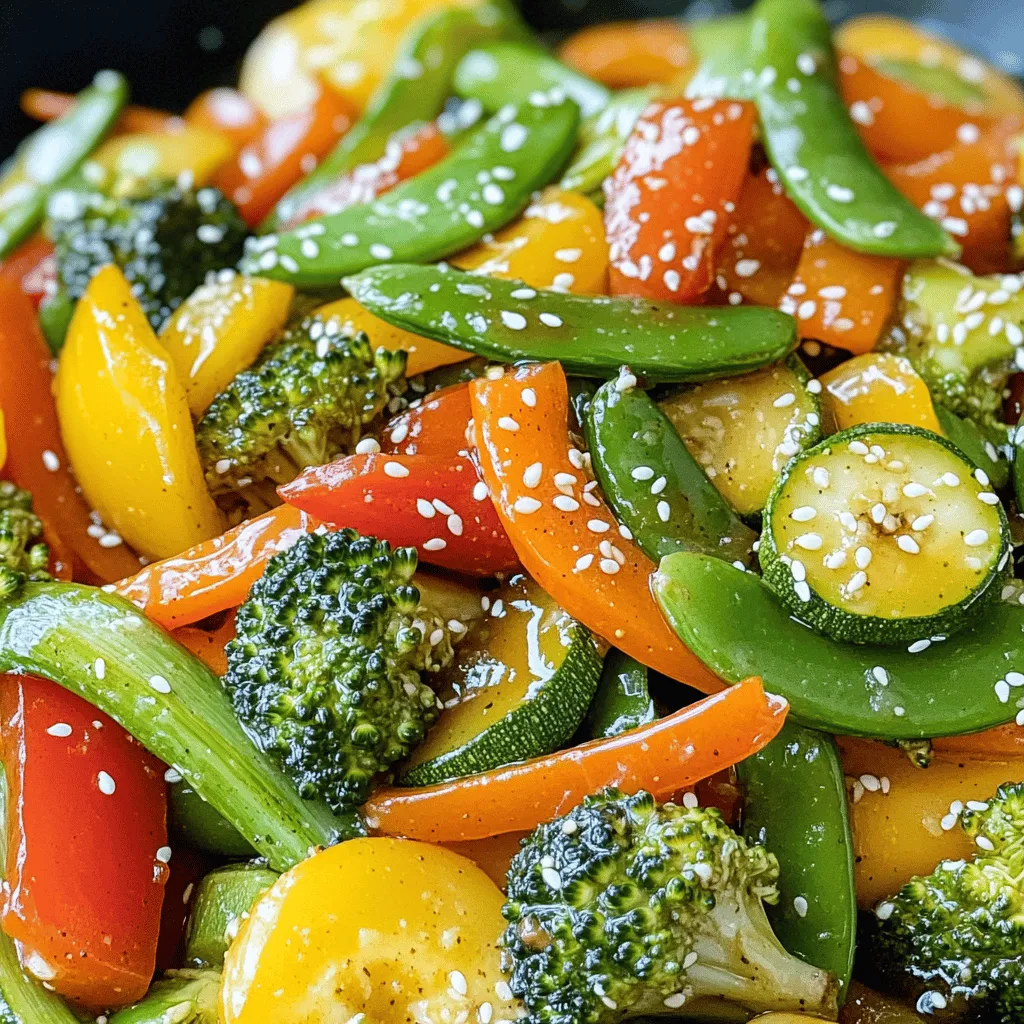 For a great vegetable stir fry, I use these fresh veggies: - 1 cup bell peppers (red, yellow, green), sliced - 1 cup broccoli florets - 1 cup snap peas - 1 medium carrot, julienned - 1 zucchini, sliced