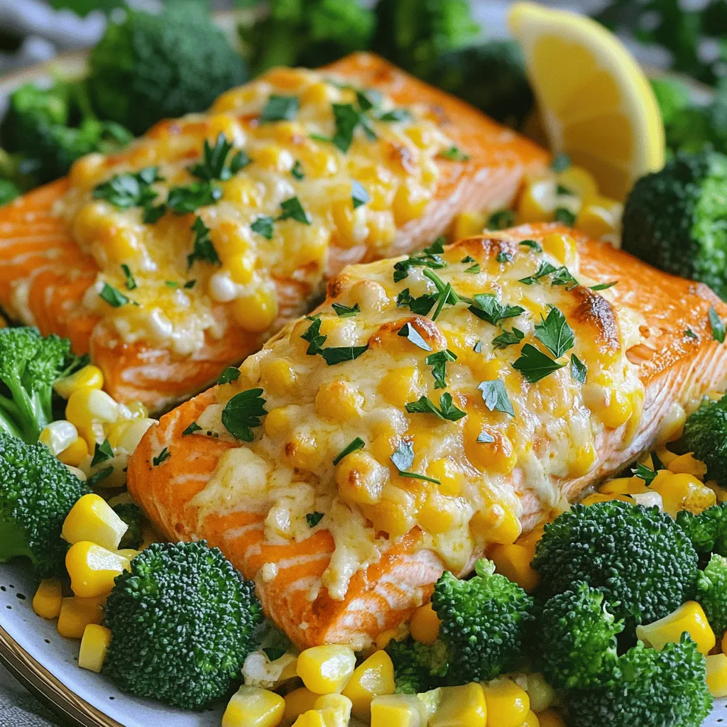 Savory Salmon, Shrimp, Cheesy Broccoli with Corn Dish