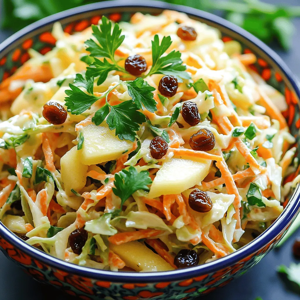 - 4 cups green cabbage, finely shredded - 2 large carrots, grated - 1 large apple, cored and shredded (preferably Granny Smith) - ½ cup raisins - ¼ cup chopped fresh parsley