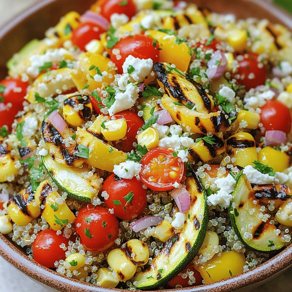 - 1 cup quinoa - 2 cups vegetable broth (or water) - 1 zucchini, sliced - 1 bell pepper (red or yellow), diced - 1 small red onion, sliced - 1 cup cherry tomatoes, halved - 1 cup corn kernels (fresh or frozen) - 3 tablespoons olive oil - 1 teaspoon smoked paprika - 1 teaspoon garlic powder - Salt and pepper to taste - ¼ cup fresh parsley, chopped - ¼ cup feta cheese, crumbled (optional) - Juice of 1 lemon