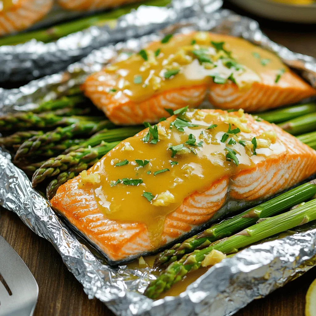 Baked Salmon in Foil with Asparagus and Lemon Garlic Sauce