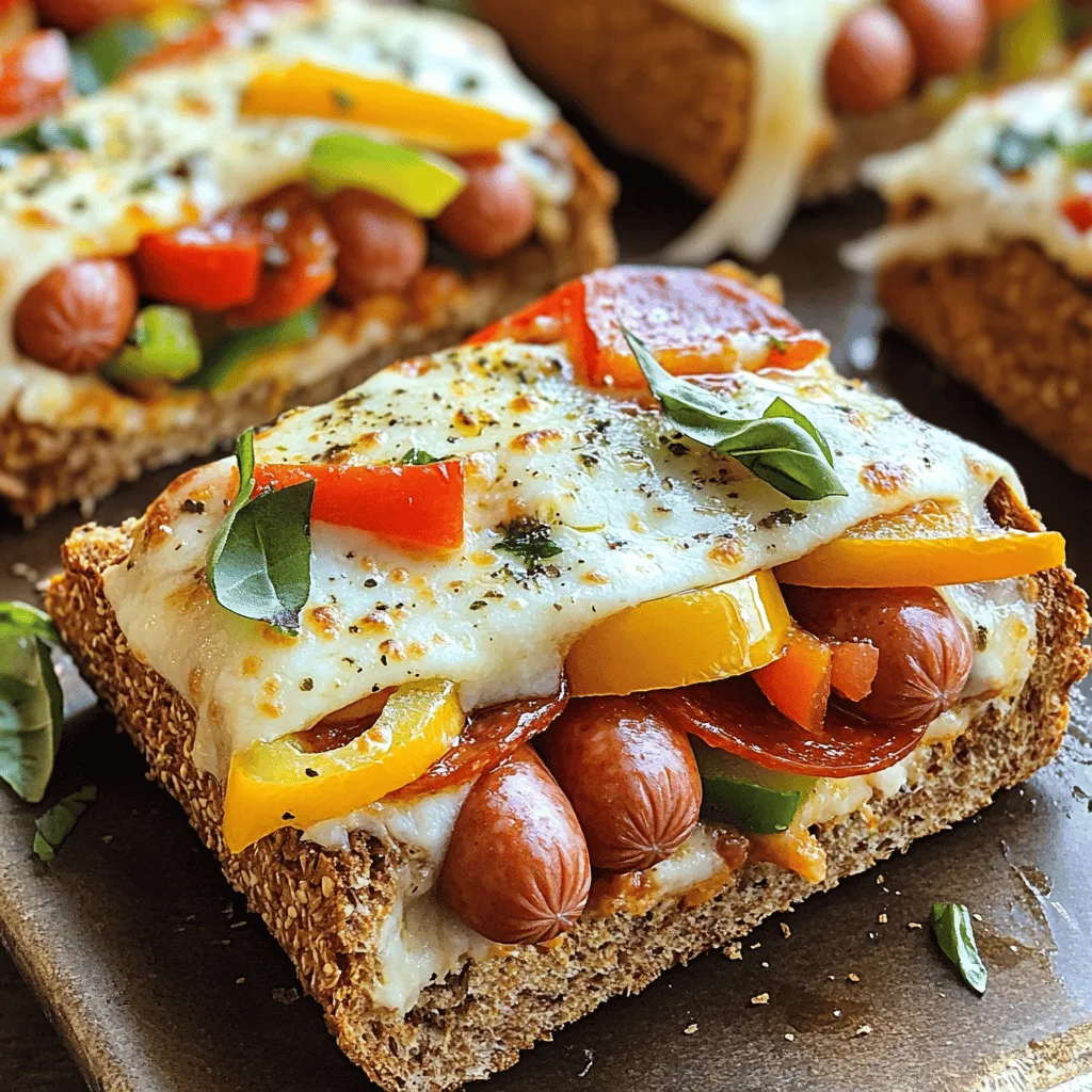 To make the Ultimate Cheese Dog Pizza Sandwich, gather these fresh ingredients: - 2 large hot dog sausages - 2 slices of whole grain bread - ½ cup pizza sauce - 1 cup shredded mozzarella cheese - ¼ cup sliced pepperoni - ¼ cup chopped bell peppers (red, green, or yellow) - 1 tablespoon olive oil - 1 teaspoon Italian seasoning - Salt and pepper to taste - Fresh basil leaves for garnish (optional)