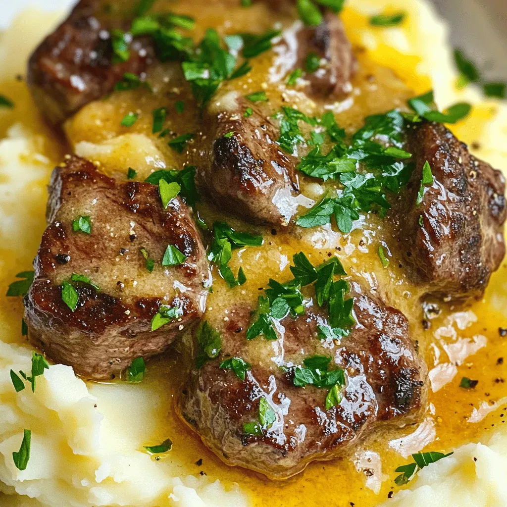 Creamy Garlic Butter Steak Bites with Mashed Potatoes Dish
