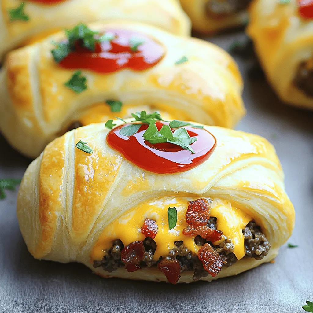 Bacon cheeseburger roll-ups are a fun twist on the classic burger. They combine ground beef, bacon, and cheese, all wrapped in crescent roll dough. You can bake them until golden brown, making them crispy on the outside and gooey on the inside. This easy bacon cheeseburger roll-ups recipe is perfect for a quick snack or a meal.