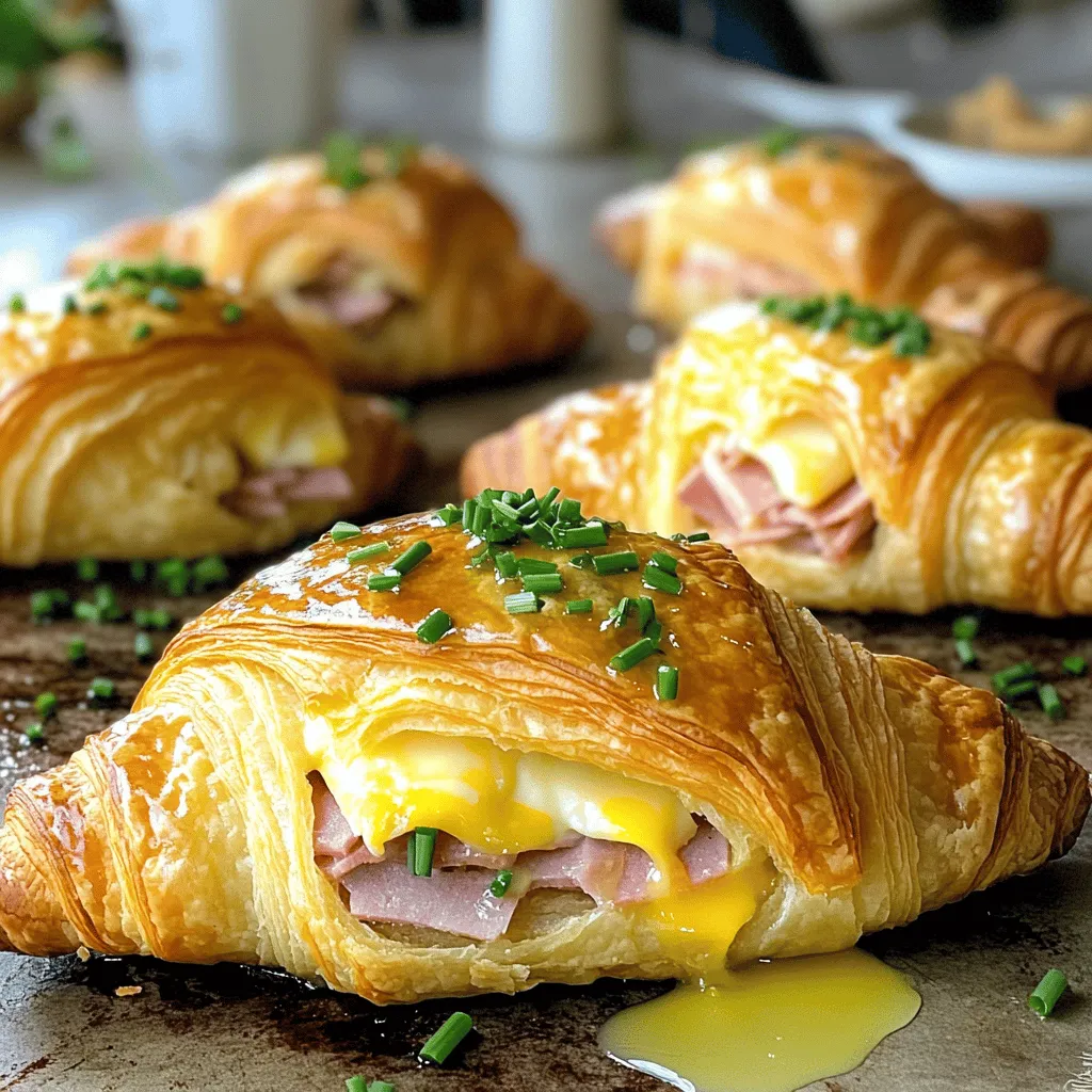 - 4 large croissants - 8 slices of smoked ham - 8 slices of Swiss cheese - ½ cup Dijon mustard - 1 tablespoon honey - ½ teaspoon garlic powder - ½ teaspoon black pepper - 1 egg, beaten (for egg wash) - Fresh chives, chopped (for garnish)