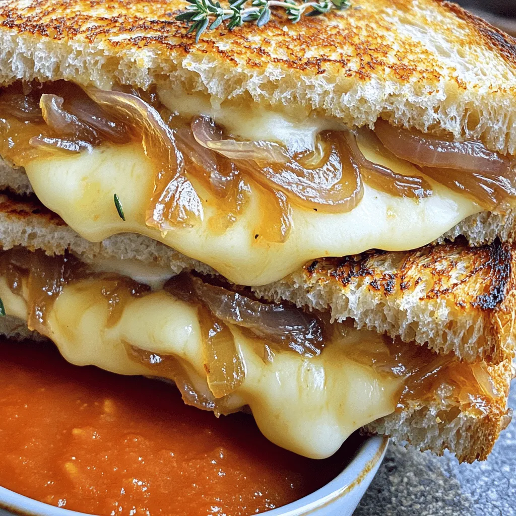 - 2 large onions, thinly sliced: These are the star of the dish. They become sweet and rich when caramelized. - 2 tablespoons butter: This gives the onions a creamy flavor and helps them caramelize. - 1 tablespoon olive oil: Helps prevent the butter from burning and adds extra flavor. - 1 teaspoon brown sugar: This enhances the natural sweetness of the onions during cooking. - 1 teaspoon fresh thyme leaves (or ½ teaspoon dried thyme): Thyme adds a lovely herb taste that pairs well with onions. - 4 slices of sourdough bread: Sourdough gives a great tangy flavor and crisp texture. - 4 slices of Gruyère cheese (or Swiss cheese): Gruyère melts beautifully and adds a nutty flavor. - 2 slices of sharp cheddar cheese: This adds a kick of flavor and creaminess. - Salt and pepper to taste: These seasonings bring all the flavors together. - 1 tablespoon balsamic vinegar (optional for extra depth): Balsamic adds a tangy sweetness that enhances the onions.