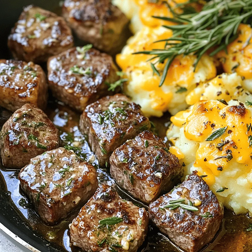 For garlic butter steak bites and crispy cheddar smashed potatoes, you need a few key ingredients. First, use 1 pound of sirloin steak. Cut it into 1-inch cubes for even cooking. This cut gives great flavor and tenderness. Next, gather 3 tablespoons of unsalted butter. You will use this for the garlic butter sauce.