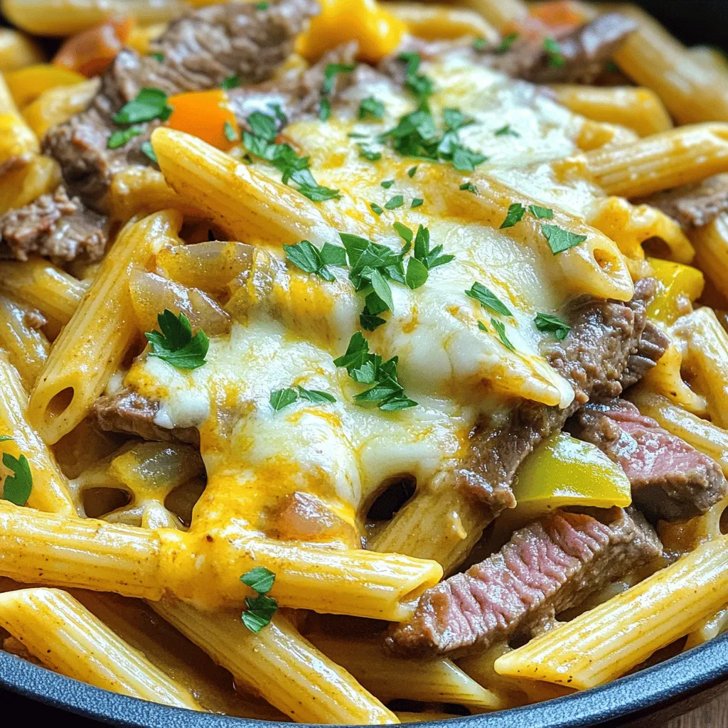 To make a One-Pot Philly Cheesesteak Pasta Skillet, you need a few key ingredients. These create the rich and savory flavor that makes this dish special.
