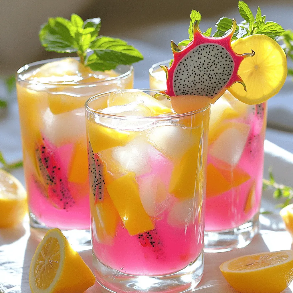Mango dragon fruit lemonade shines with bright, fresh flavors. The main ingredients are simple yet delightful. You need ripe mango, dragon fruit, fresh lemon juice, honey, and water. Each one plays a vital role in the taste.