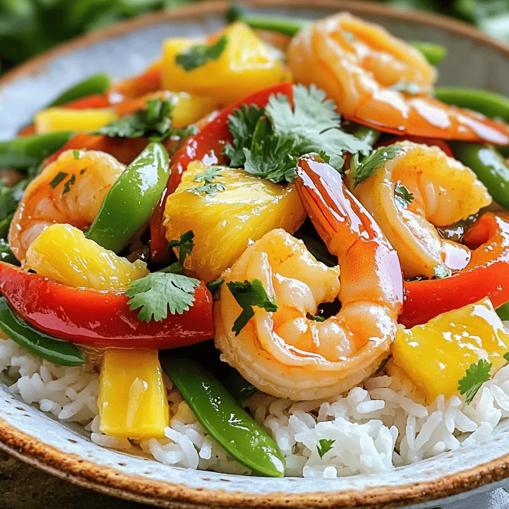 To create a tasty shrimp stir fry, you need a few key items. Here’s what you’ll need: - 1 lb large shrimp, peeled and deveined - 2 tablespoons coconut oil - 1 red bell pepper, sliced - 1 yellow bell pepper, sliced - 1 cup snap peas, ends trimmed - 1 cup pineapple chunks (fresh or canned, drained) - 3 cloves garlic, minced - 1 inch fresh ginger, minced