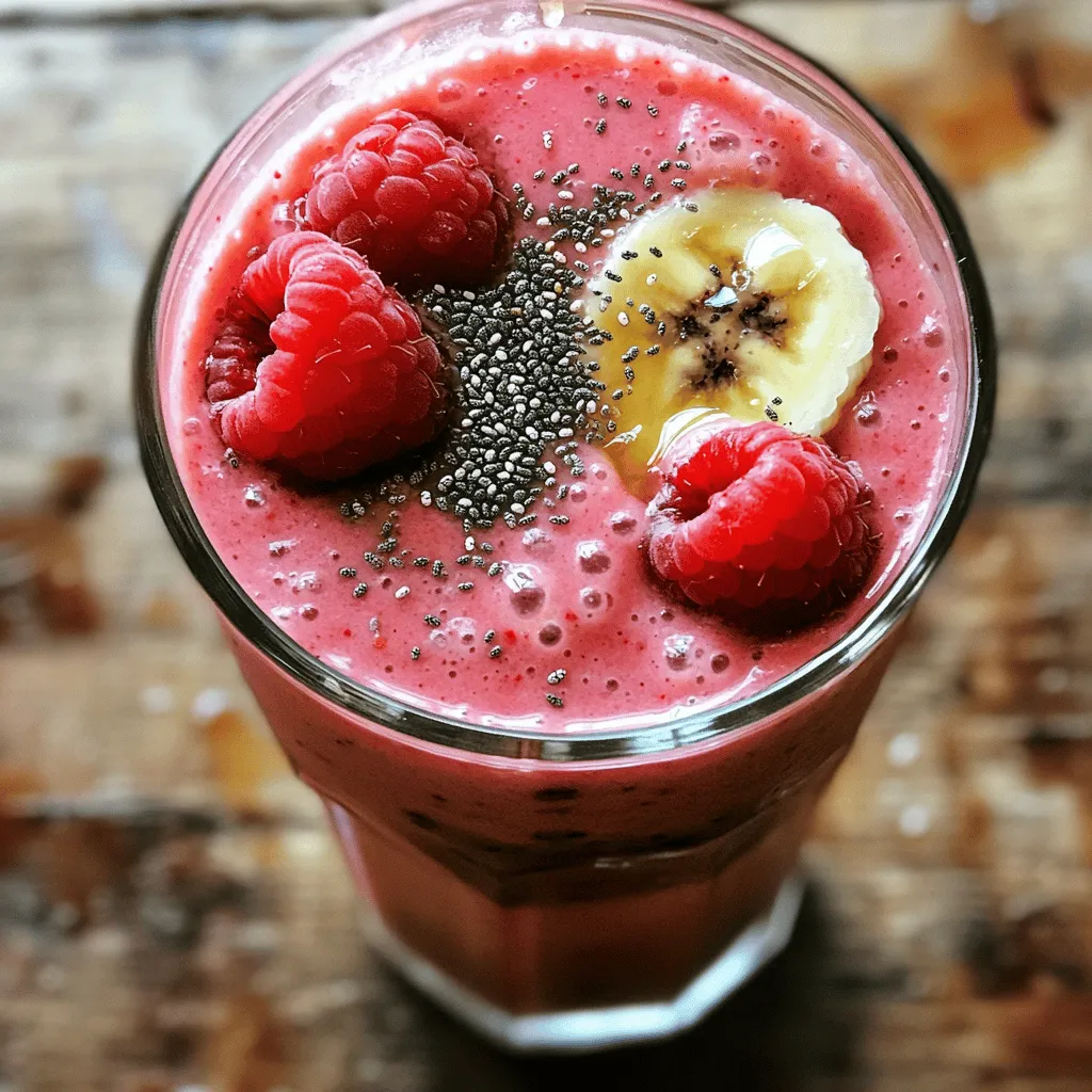 - 1 cup fresh strawberries, hulled and halved - 1 cup fresh raspberries - 1 ripe banana - 1 cup almond milk (or any milk of choice) - 1 scoop vanilla protein powder - 1 tablespoon chia seeds - 1 tablespoon honey or maple syrup (optional, to taste) - Ice cubes (optional, for thickness)