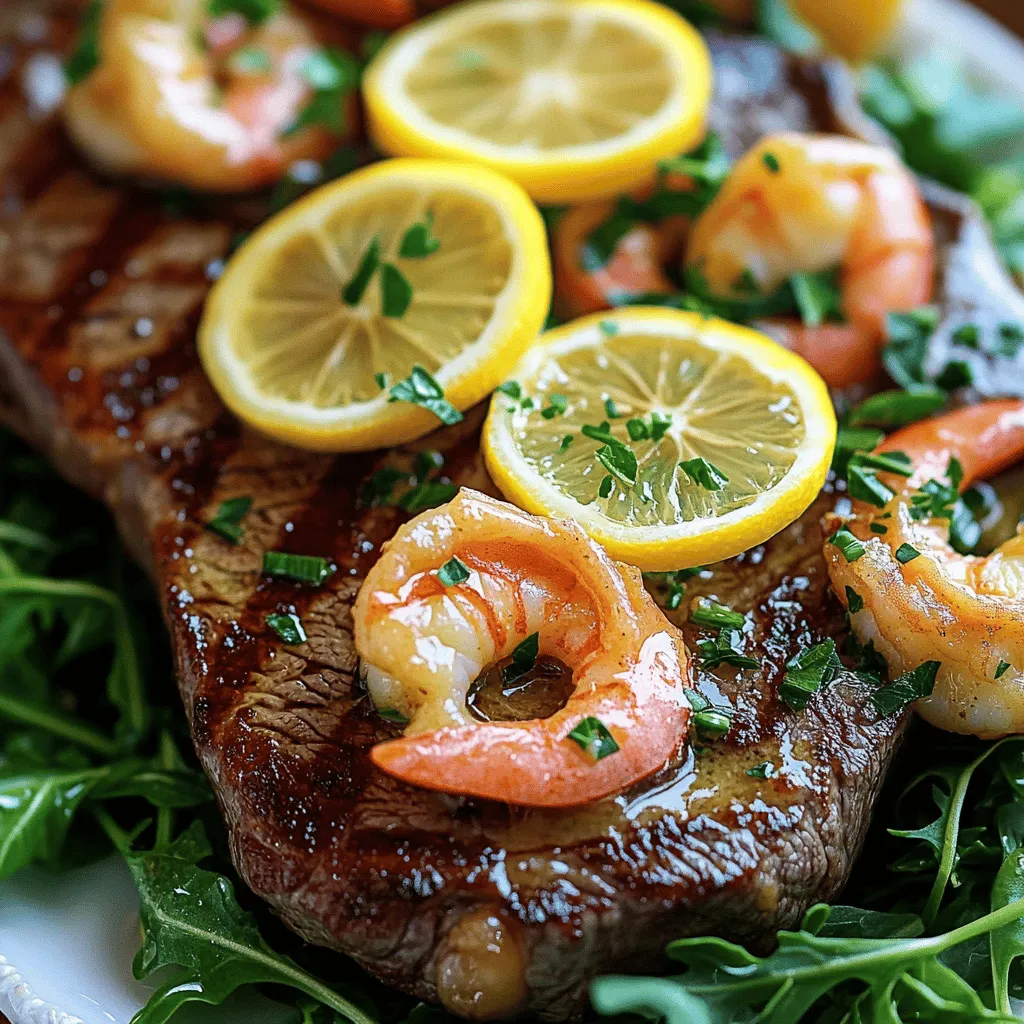 - 2 ribeye steaks (about 1 inch thick) - 12 large shrimp, peeled and deveined - 4 tablespoons unsalted butter