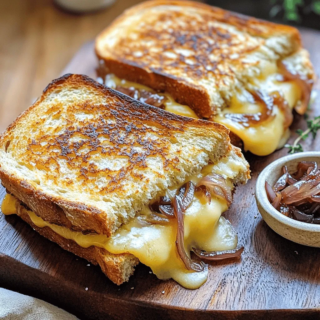 - 2 large onions, thinly sliced - 2 tablespoons butter - 1 tablespoon olive oil - 1 teaspoon sugar - 4 slices of sourdough bread - 1 cup Gruyère cheese, shredded - 1 cup sharp cheddar cheese, shredded - 1 tablespoon Dijon mustard - Salt and pepper to taste