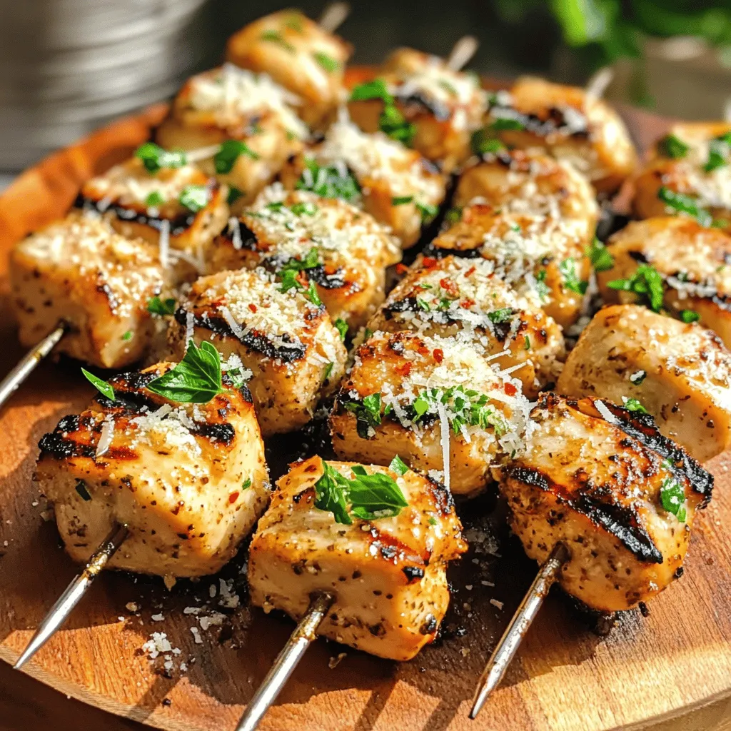 Garlic Parmesan chicken skewers are a tasty meal made from marinated chicken pieces. You cut chicken breast into 1-inch cubes and soak them in a rich garlic and cheese mix. This dish is fun to make and even better to eat!