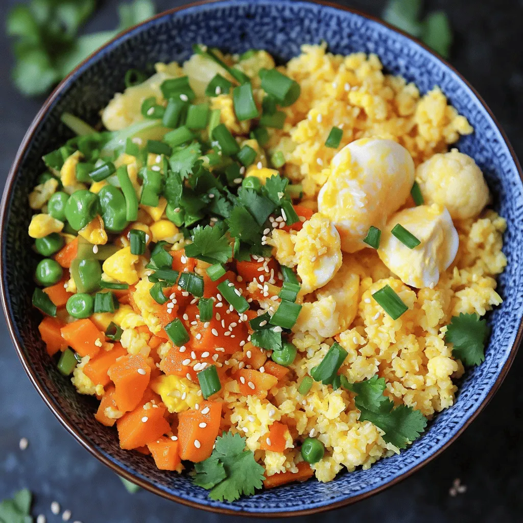 Cauliflower fried rice is a tasty dish made using grated cauliflower instead of regular rice. You start by processing cauliflower into small, rice-sized pieces. Then, you cook it with veggies, eggs, and sauces. This dish looks and tastes like traditional fried rice but is much healthier.