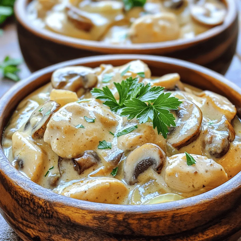 - 2 cups fresh mushrooms, sliced (button, cremini, or a mix) - 1 lb (450g) boneless, skinless chicken breasts, diced - 1 medium onion, finely chopped - 3 cloves garlic, minced - 1 cup chicken broth - 1 cup heavy cream - 1 tablespoon olive oil - 1 tablespoon butter - 1 teaspoon dried thyme - 1 teaspoon paprika - Salt and pepper to taste - Fresh parsley, chopped (for garnish)
