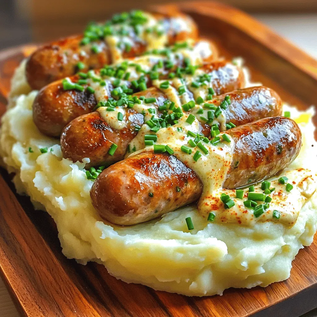 - Pork sausages (4, your choice of flavor) - Russet potatoes (4 large, peeled and cubed) - Whole milk (½ cup) - Unsalted butter (4 tablespoons, divided)