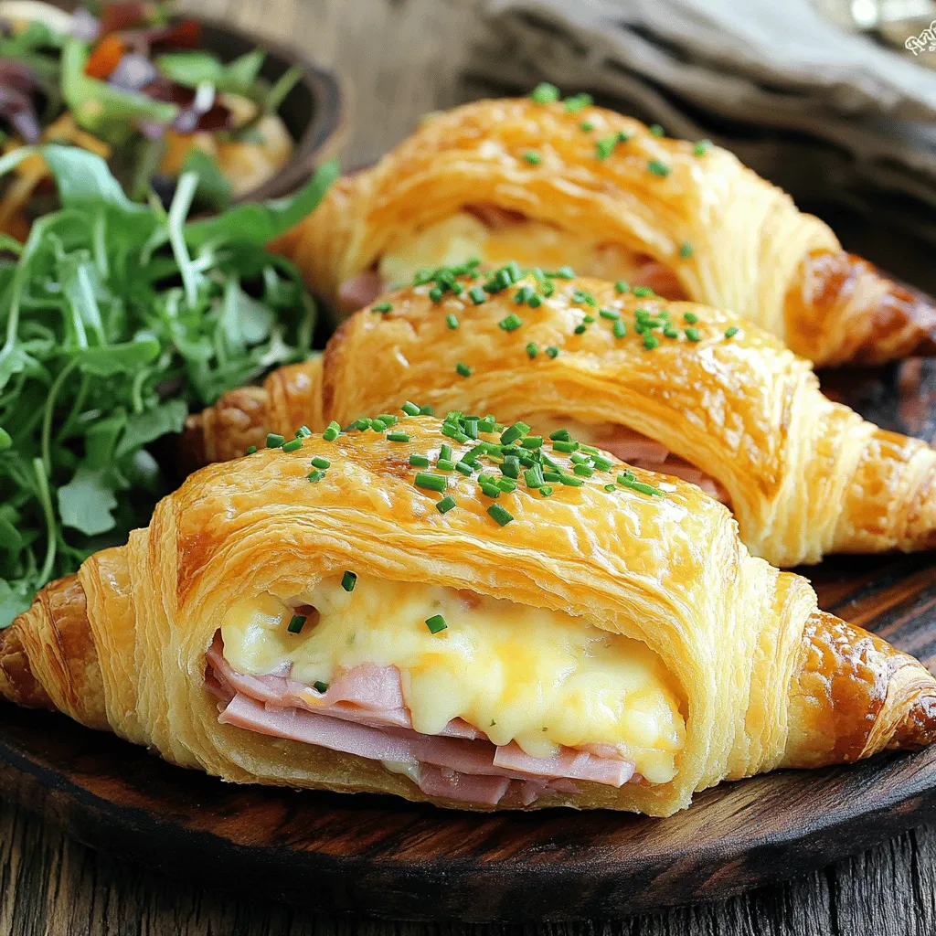 - 6 large buttery croissants - 8 oz (225g) thinly sliced ham - 8 oz (225g) Swiss cheese, sliced - 3 large eggs - ½ cup heavy cream - 1 tablespoon Dijon mustard - ½ teaspoon garlic powder - ¼ teaspoon cayenne pepper (optional) - Salt and pepper to taste - Fresh chives for garnish