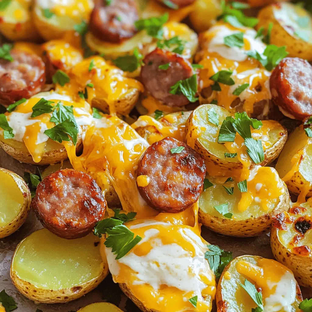 - 1 pound baby potatoes, halved - 1 pound smoked sausage, sliced - 1 cup shredded sharp cheddar cheese - ½ cup ranch dressing - 2 tablespoons olive oil - 1 teaspoon garlic powder - 1 teaspoon onion powder - 1 teaspoon smoked paprika - Salt and pepper to taste - Fresh chopped parsley for garnish