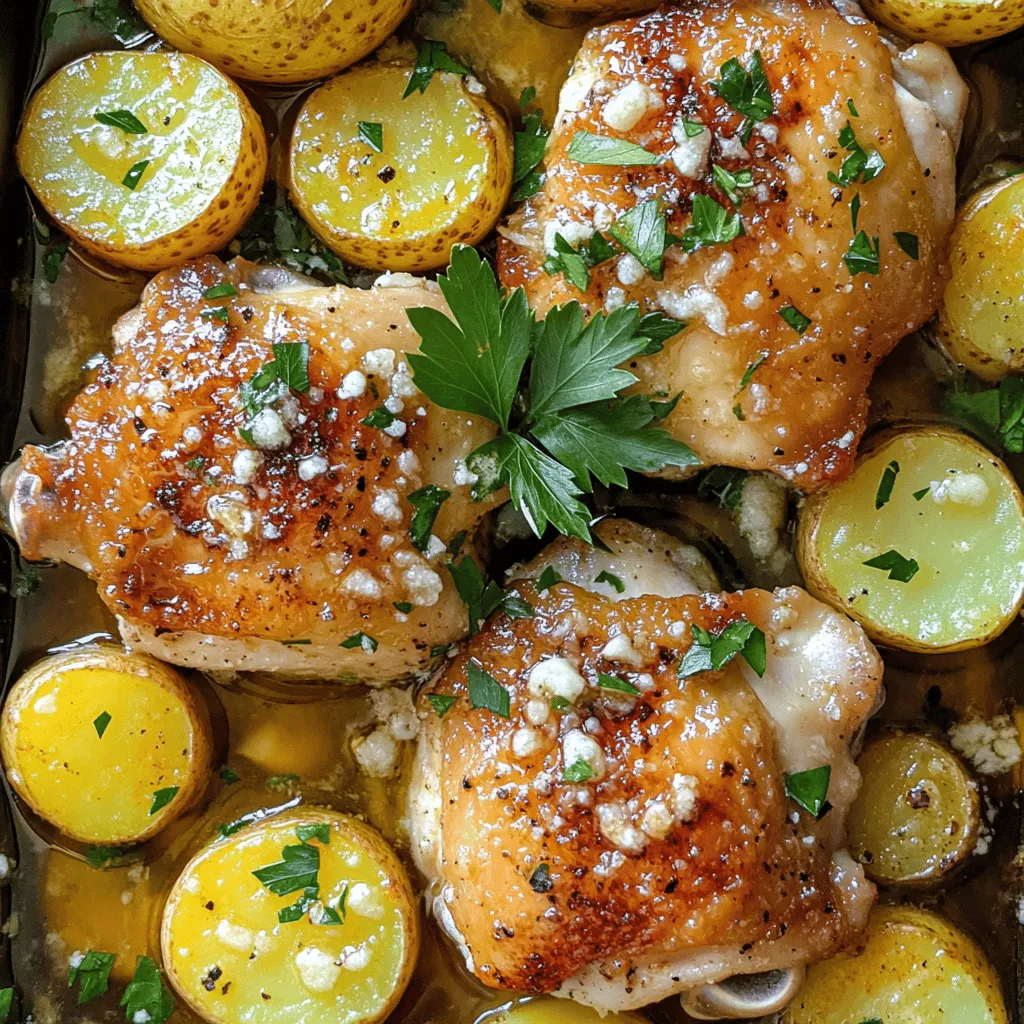 For this dish, you need a few simple and tasty ingredients. You will need four bone-in, skin-on chicken thighs. These give great flavor and keep the meat juicy. Next, grab one pound of baby potatoes. Halve them to help them cook well. You will also need four cloves of minced garlic. Garlic adds a strong, savory taste. Don