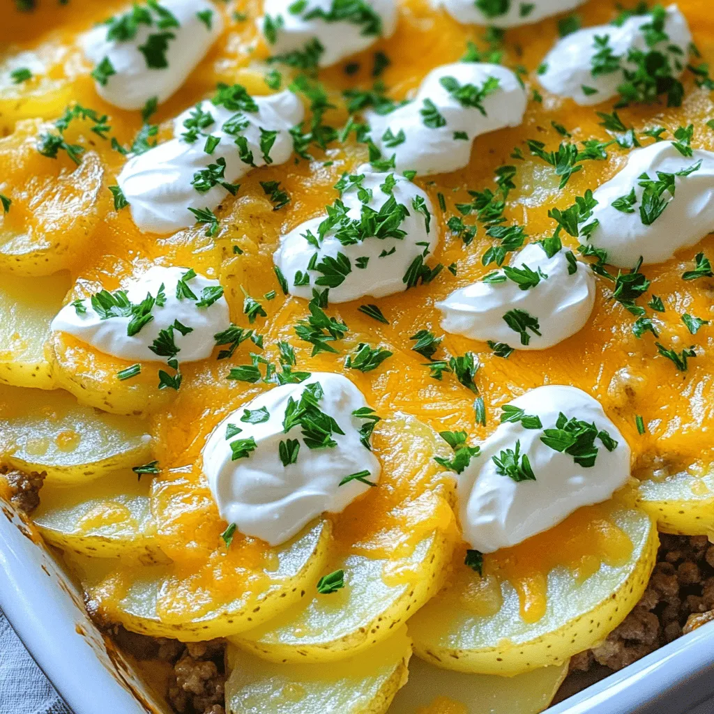 - 1 lb ground beef - 4 medium potatoes, thinly sliced - 2 cups shredded cheddar cheese - 1 cup sour cream - 1 cup beef broth - 1 medium onion, diced - 2 cloves garlic, minced - 2 tablespoons olive oil