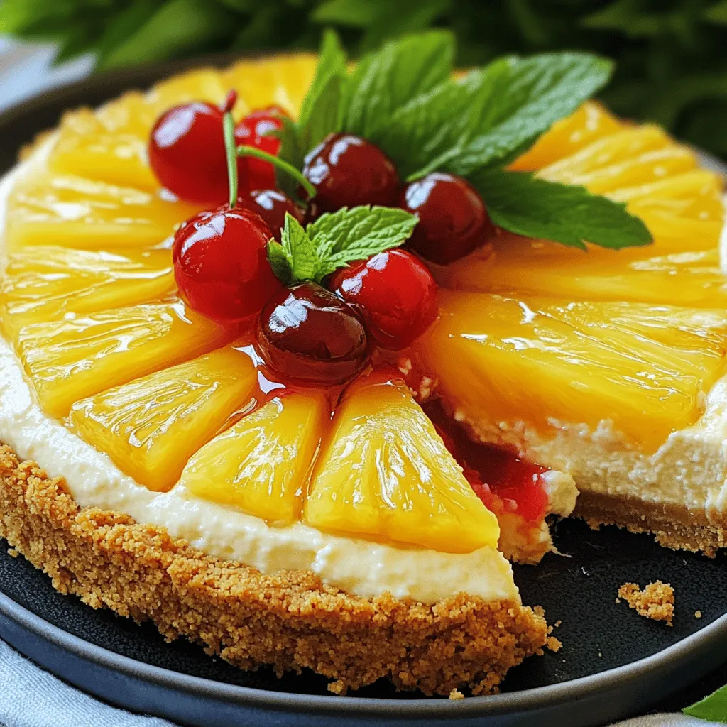 - 2 (8 oz) packages cream cheese, softened - ½ cup granulated sugar - 2 large eggs - 1 cup sour cream - 1 cup graham cracker crumbs - ½ cup unsalted butter, melted - ⅓ cup brown sugar - 1 can (20 oz) pineapple slices in syrup, drained - ½ cup maraschino cherries