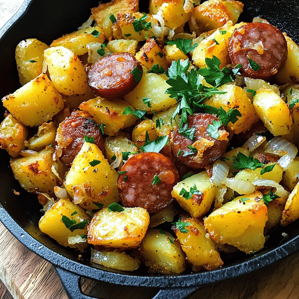 - 4 medium-sized russet potatoes, peeled and diced - 1 pound Polish sausage (kielbasa), sliced into coins - 1 medium onion, finely chopped - 2 cloves garlic, minced - 3 tablespoons vegetable oil - 1 tablespoon butter - Salt and pepper to taste - 1 teaspoon smoked paprika - Fresh parsley, chopped for garnish
