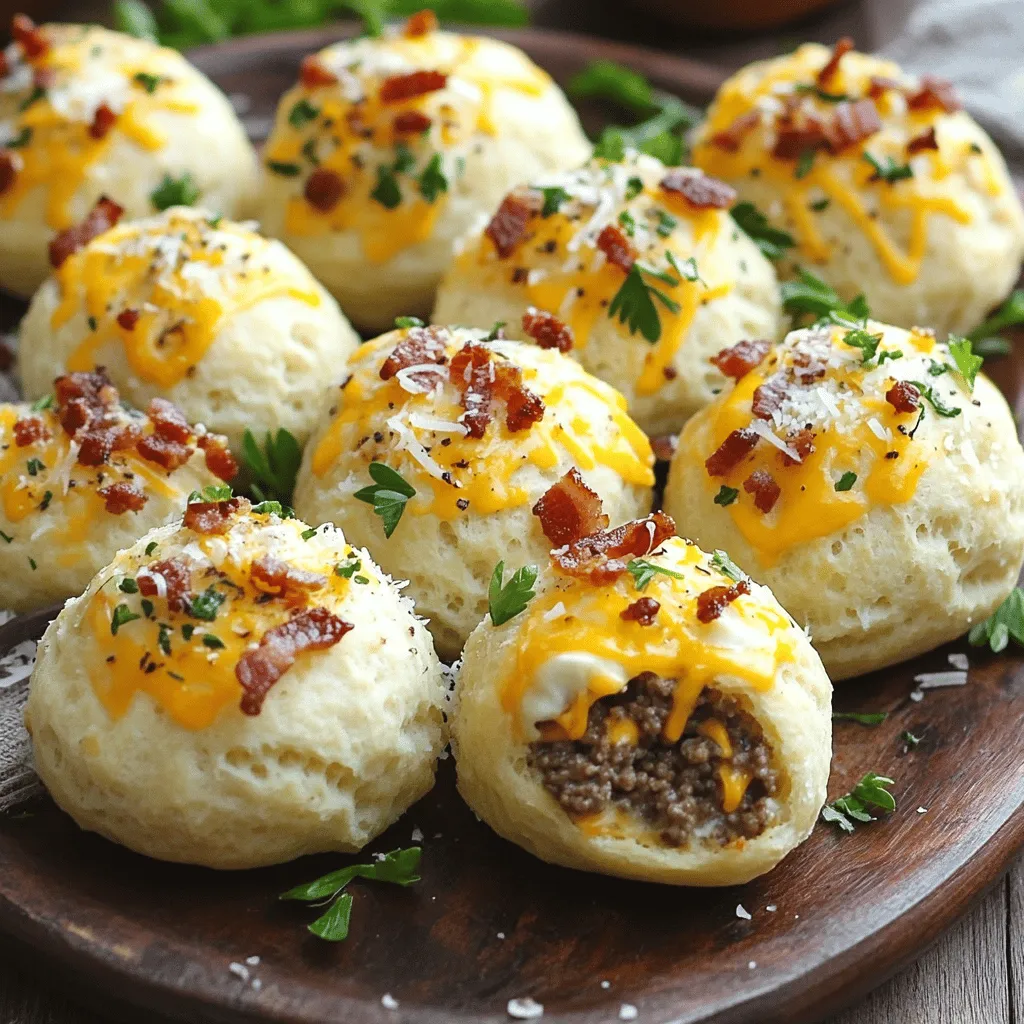 The main ingredients for Garlic Parmesan Bacon Cheeseburger Bombs create a tasty treat. You need 1 lb of ground beef. This forms the heart of our bombs. You also need 8 oz of softened cream cheese. It makes the filling creamy. A cup of shredded cheddar cheese adds rich flavor. Don