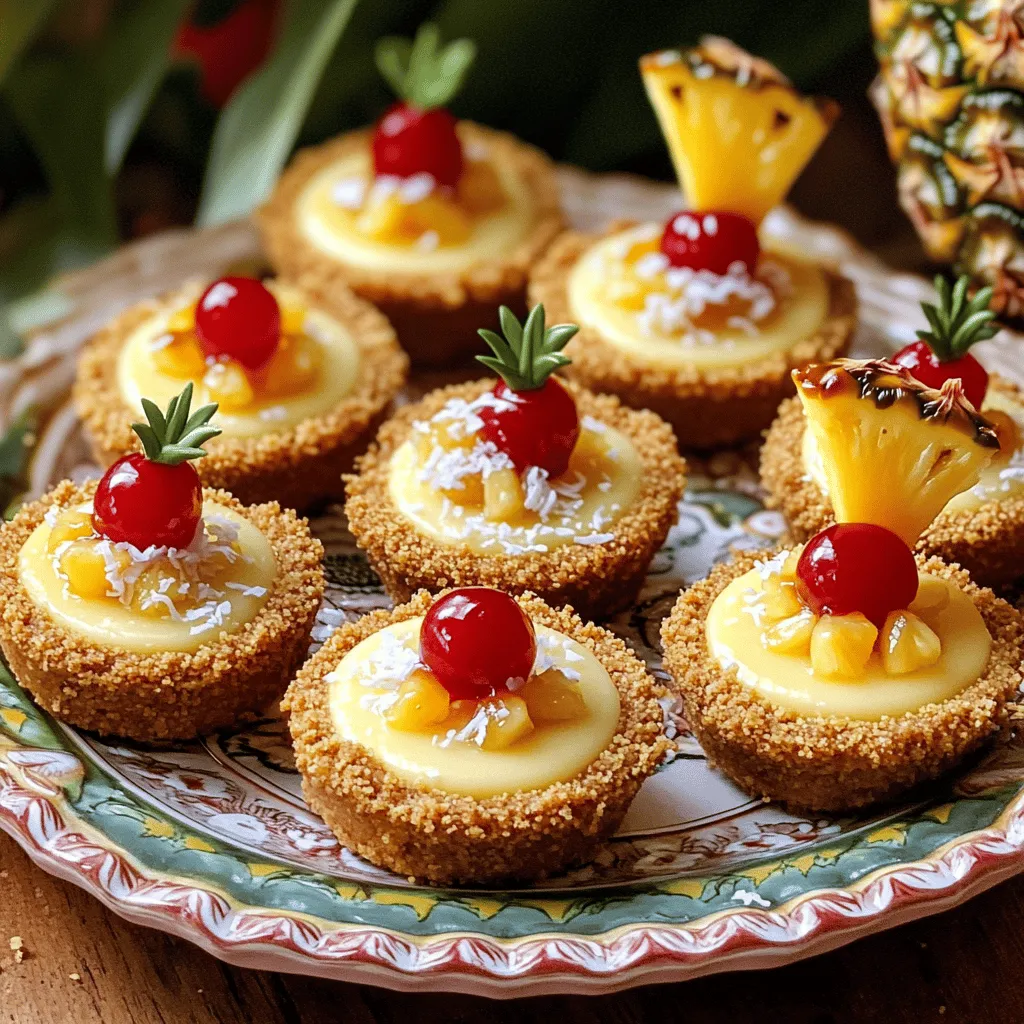 - 1 cup graham cracker crumbs - ¼ cup unsalted butter, melted - 2 tablespoons sugar - 8 oz cream cheese, softened - ½ cup powdered sugar - 1 teaspoon vanilla extract - 1 cup crushed pineapple, drained - 1 teaspoon lemon juice - ½ teaspoon ground cinnamon - 12 maraschino cherries