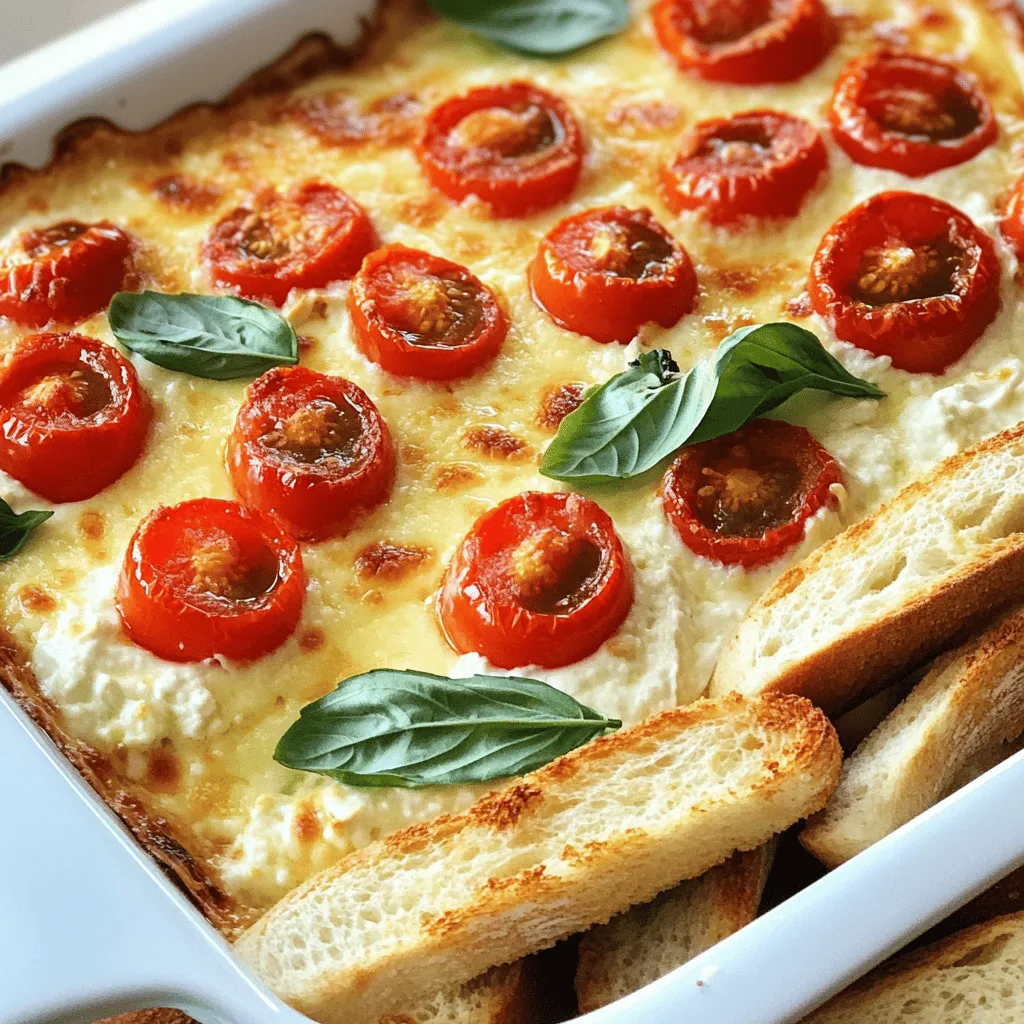 To make Triple Cheese and Tomato Bruschetta Dip, gather these ingredients: - 1 cup cherry tomatoes, halved - 1 tablespoon olive oil - 1 teaspoon balsamic vinegar - 1 teaspoon garlic, minced - 1 teaspoon fresh basil, chopped (plus more for garnish) - ½ cup cream cheese, softened - ½ cup shredded mozzarella cheese - ½ cup grated Parmesan cheese - ½ cup sour cream - Salt and pepper to taste - 1 baguette, sliced into 1-inch pieces