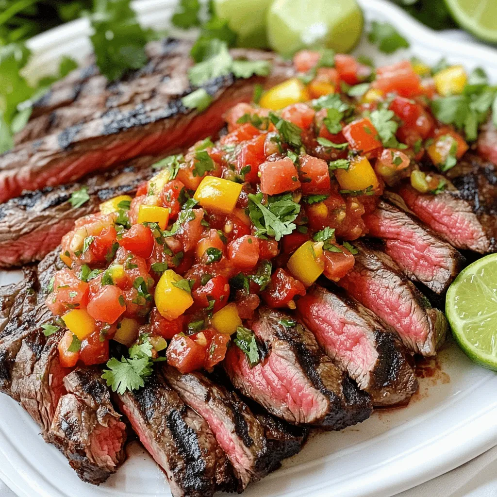 The key ingredients for grilled flank steak with tomato pepper salsa make this dish special. You need flank steak, ripe tomatoes, and sweet bell peppers. Each ingredient adds its own touch to the final plate.