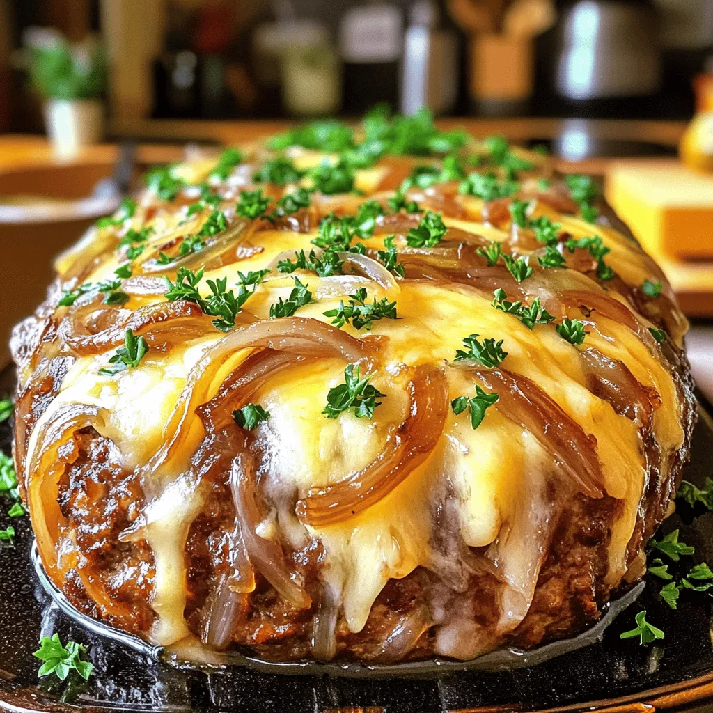 To make a tasty French onion meatloaf, gather these key ingredients: - 1 ½ pounds ground beef - 1 onion, finely chopped - 1 cup French onion dip - 1 cup breadcrumbs - 2 large eggs - 2 tablespoons Worcestershire sauce - 1 teaspoon garlic powder - 1 teaspoon dried thyme - Salt and pepper to taste - 1 cup shredded Swiss cheese - Fresh parsley, chopped (for garnish)