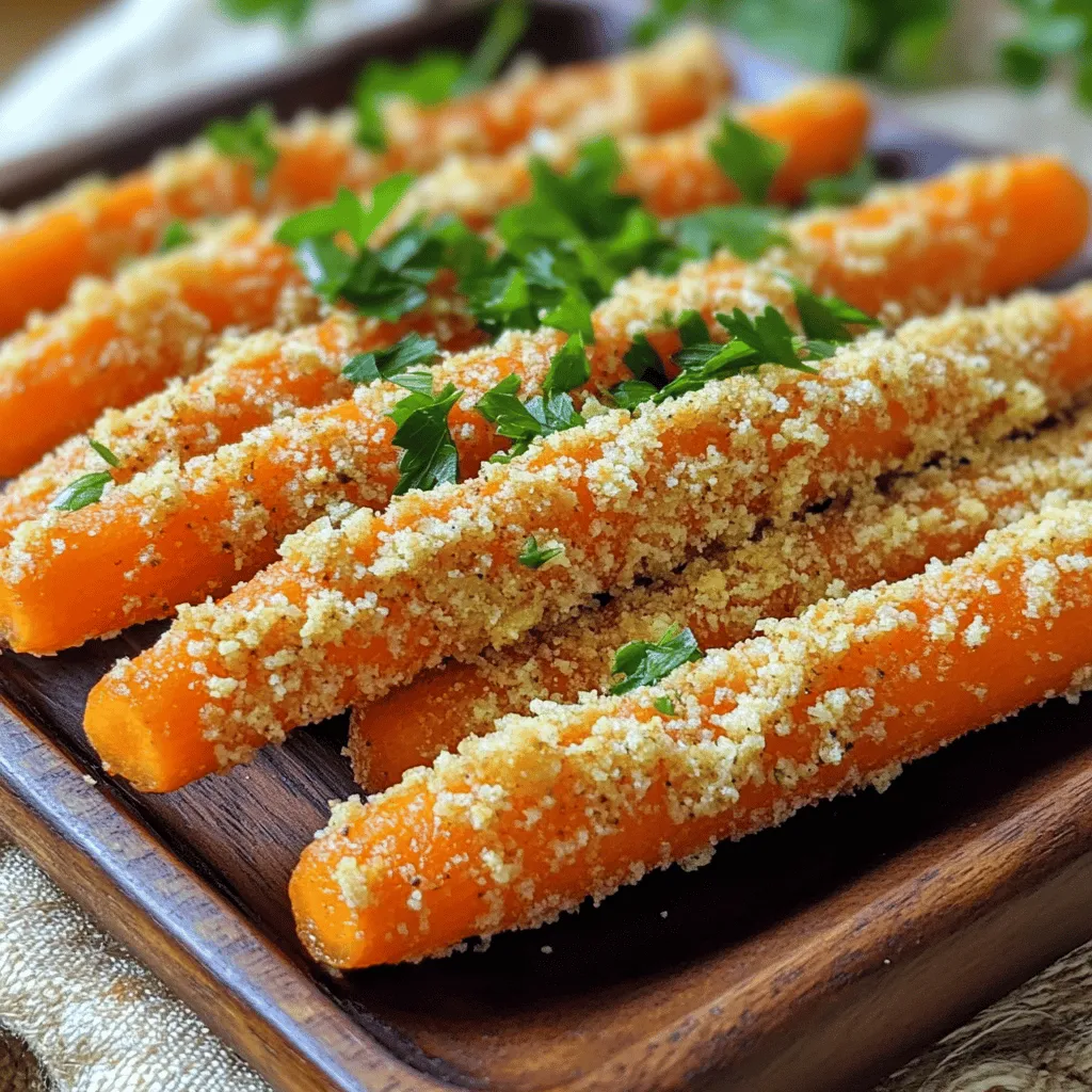 - 4 large carrots, peeled and cut into sticks - 1 cup shredded Parmesan cheese - 1 cup breadcrumbs (can use panko for extra crunch)