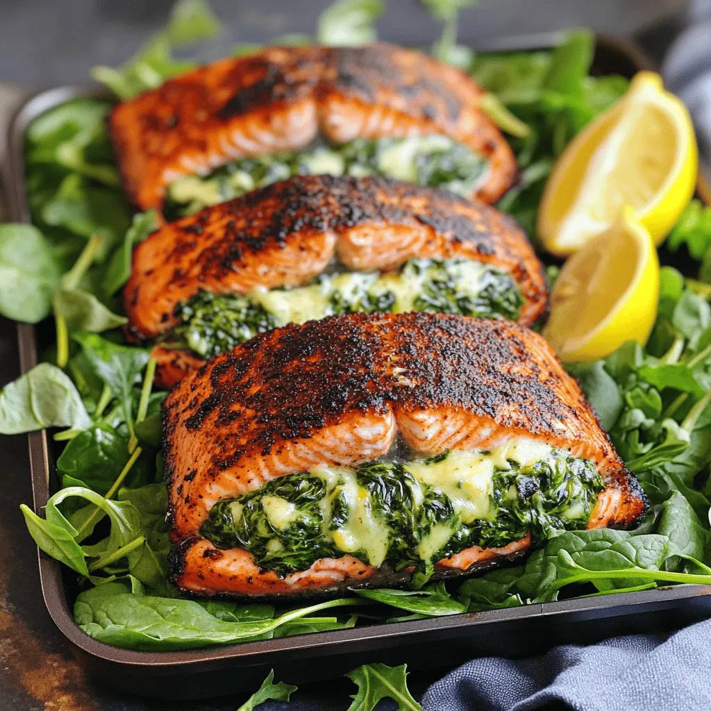 To make blackened salmon stuffed with spinach and Parmesan cheese, gather these key ingredients: