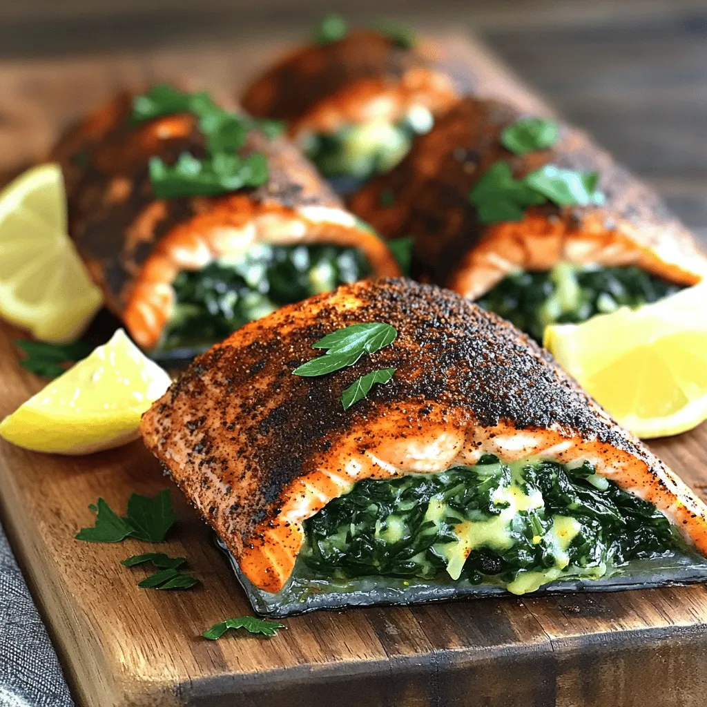 The key ingredients for blackened salmon stuffed with spinach and Parmesan are simple yet flavorful. You need four salmon fillets, fresh spinach, and Parmesan cheese. The salmon should have the skin removed for easy stuffing. Each fillet is a perfect pocket to hold the tasty filling.