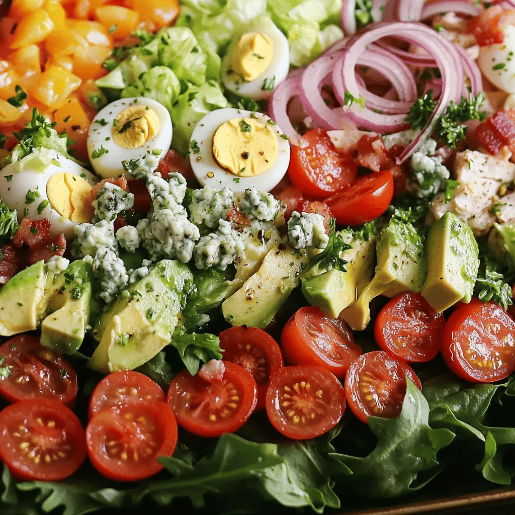 A classic Cobb salad is a colorful mix of fresh ingredients. You start with greens, proteins, and cheese. Each component adds flavor and texture.